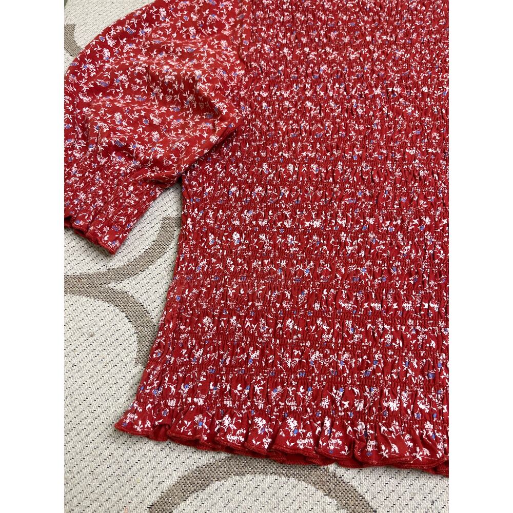 Veronica Beard Red Floral Smocked Puff-Sleeve Top - Picture 11 of 12